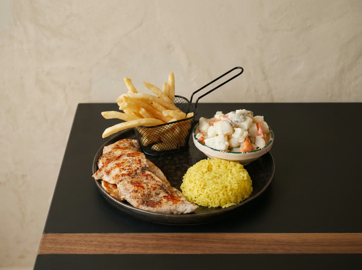 Poulet grillé, riz, salade et frites